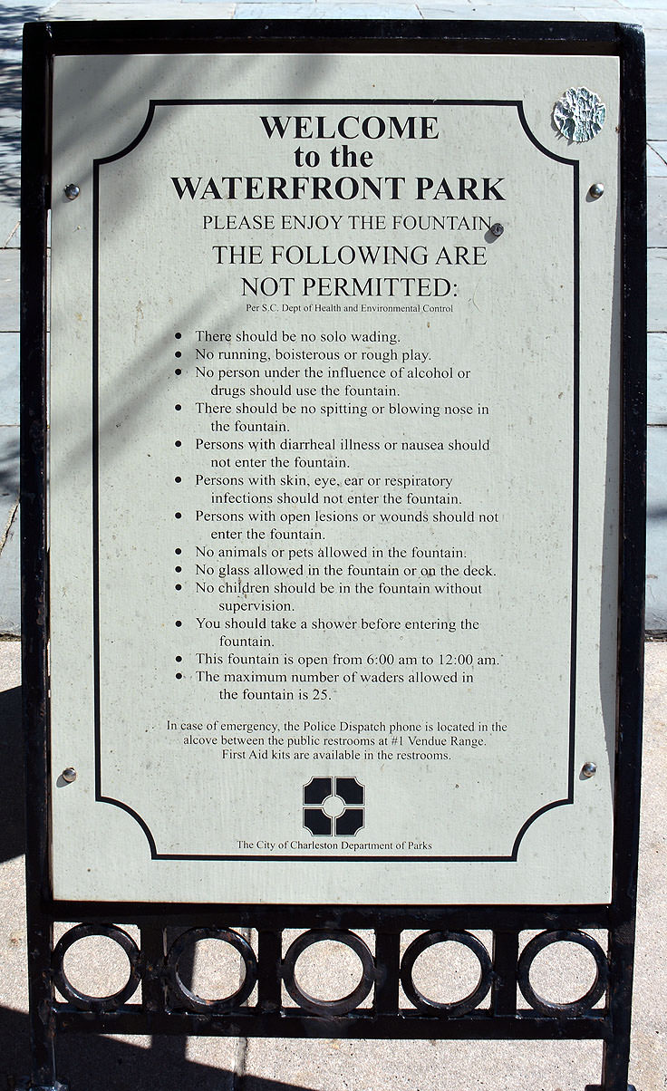The rules of Waterfront Park in Charleston, SC
