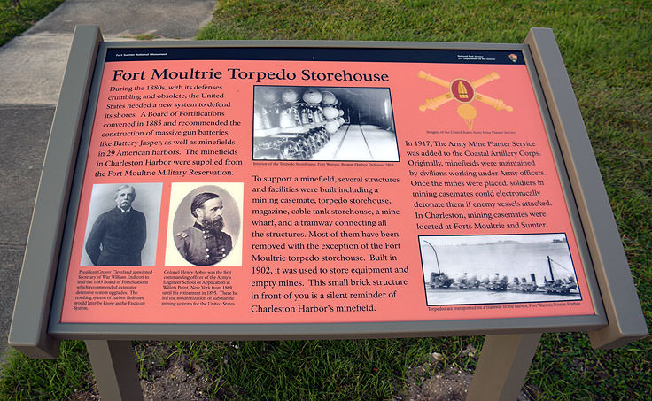 Fort Molutrie Torpedo Storehouse sign on Sullivan's Island, SC